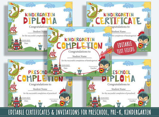 37 Editable Pages of Knight and Dragon-themed Diplomas, Certificates, & Invitations for Preschool, Kindergarten, PDF File, Instant Download