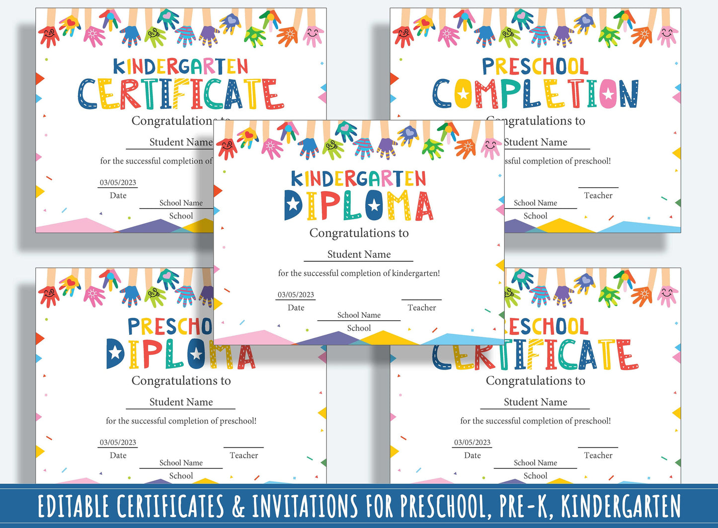 Colorful Creations: 37 Editable Pages of Painted Children Hands-themed Diplomas, Certificates, and Invitations for Preschool & Kindergarten