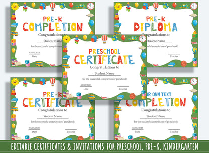 37 Editable Pages of Completions, Diplomas, Certificates, and Invitations for Preschool and Kindergarten, PDF File, Instant Download