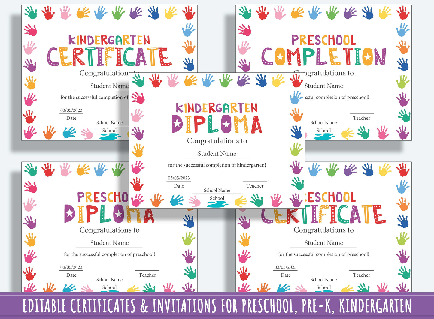 37 Editable Pages of Completions, Diplomas, Certificates, and Invitations for PreK and Kindergarten, PDF File, Instant Download