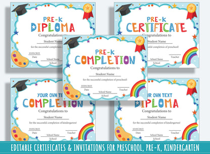 37 Editable Preschool and Pre-Kindergarten Diplomas, Certificates, Completion, & Invitations Templates for PreK and Kindergarten, PDF File