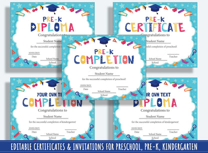 Certificate of Completion, Editable End of Year Diplomas, Certificates, and Invitations for PreK and K, PDF File, Instant Download