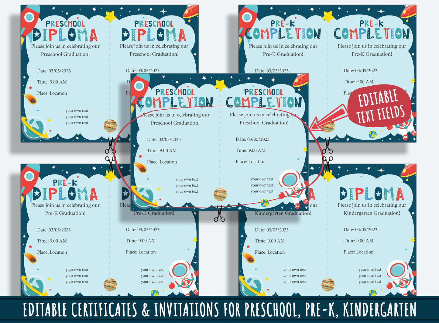 Pre K Graduation Certificate, Editable End of Year Diplomas, Certificates, and Invitations for PreK and K, PDF File, Instant Download
