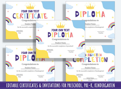 Certificate of Achievement, Editable End of Year Diplomas, Certificates, and Invitations for PreK and K, PDF File, Instant Download