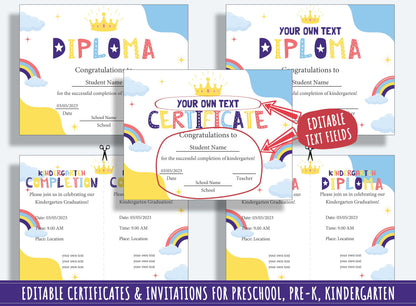 Certificate of Achievement, Editable End of Year Diplomas, Certificates, and Invitations for PreK and K, PDF File, Instant Download