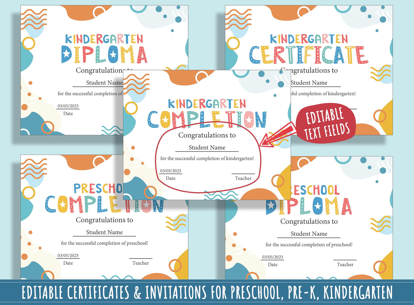 Modern Editable Graduation Certificates, Diplomas, Invitations Template for Preschool, PreK & Kindergarten - 37 Pages, PDF, Instant Download