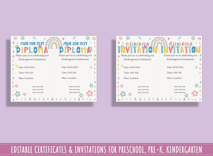 Diploma, Certificate, and Invitation Templates for Kindergarten and Preschool Graduation: A Colorful Rainbow Theme, 37 Editable Pages, PDF