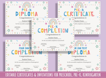 Diploma, Certificate, and Invitation Templates for Kindergarten and Preschool Graduation: A Colorful Rainbow Theme, 37 Editable Pages, PDF