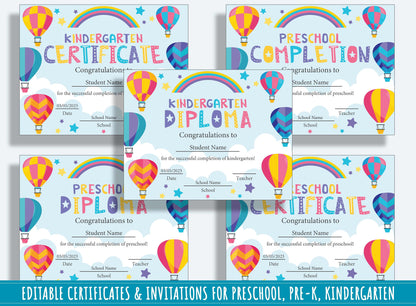 Student Certificates, Editable End of Year Diplomas, Certificates, and Invitations for PreK and K, PDF File, Instant Download