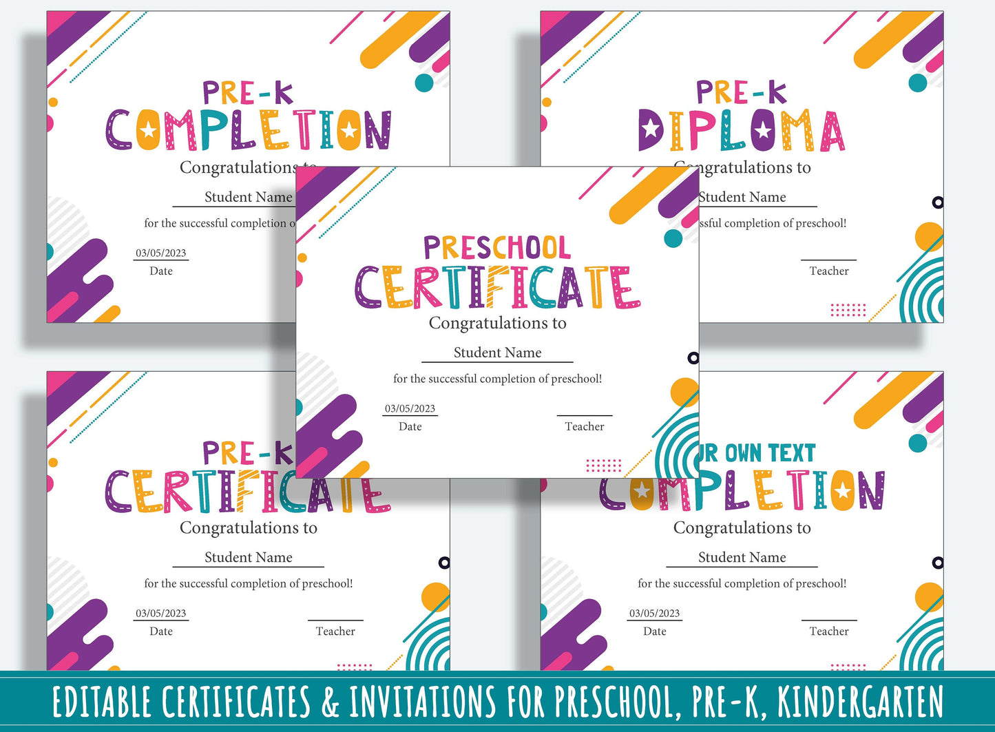 Editable Preschool Completion Certificates, End of the Year Diplomas, and Invitations, PDF File, Instant Download