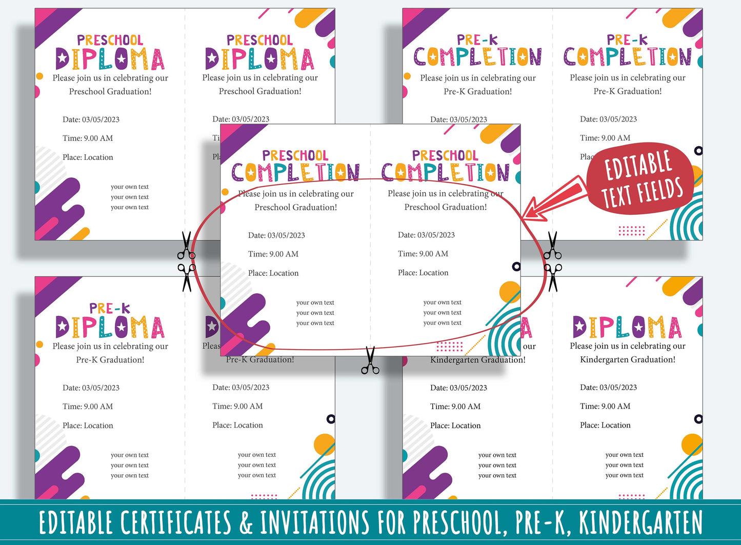 Editable Preschool Completion Certificates, End of the Year Diplomas, and Invitations, PDF File, Instant Download