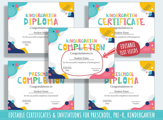 Diploma, Certificate, and Invitation Collection: 37 Editable Pages for Preschool and Kindergarten Graduation, PDF File, Instant Download