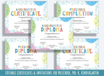 Kindergarten Certificates Completion Diploma and Invitations, Editable, PDF File, Instant Download