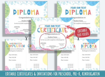 Kindergarten Certificates Completion Diploma and Invitations, Editable, PDF File, Instant Download