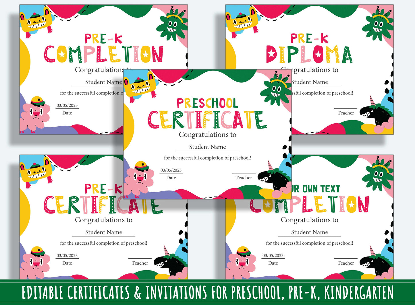 Editable Class Certificates, End of the Year Awards, Diplomas & Invitations for PreK and K, PDF File, Instant Download