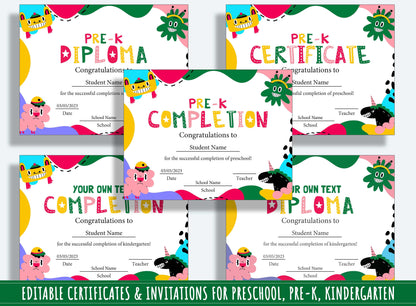 Editable Class Certificates, End of the Year Awards, Diplomas & Invitations for PreK and K, PDF File, Instant Download