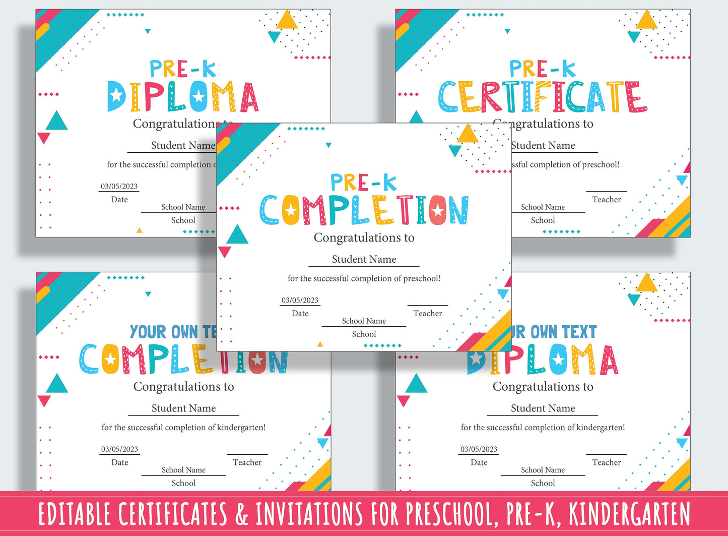 Modern-Themed Preschool and Kindergarten End-of-Year Celebration Kit: 37 Editable Pages for Certificates, Diplomas, and Invitations