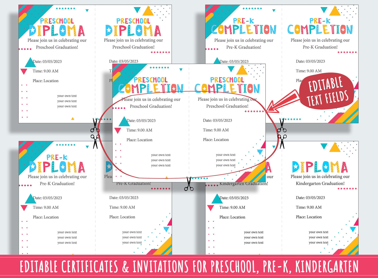Modern-Themed Preschool and Kindergarten End-of-Year Celebration Kit: 37 Editable Pages for Certificates, Diplomas, and Invitations