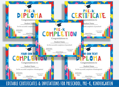 Editable Class Awards, End of the Year Awards, Diplomas, Certificates & Invitations for PreK, and K, PDF File, Instant Download