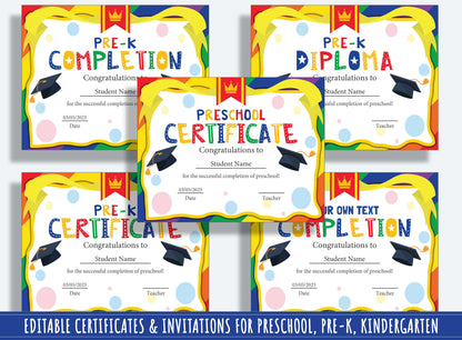 Creative Celebrations: Editable Certificate Templates, Diplomas, and Invitations for PreK and K, PDF File, Instant Download