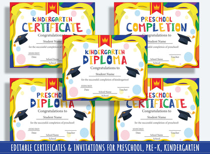 Creative Celebrations: Editable Certificate Templates, Diplomas, and Invitations for PreK and K, PDF File, Instant Download