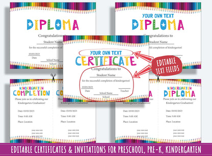 Editable Preschool Awards, Completion Certificates, Diplomas, and Invitations for PreK, K - 37 Pages, PDF File, Instant Download