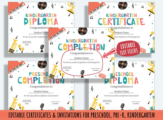 Customizable Diplomas, Certificates, and Invitations for Preschool and Kindergarten Graduations - 37 Pages, PDF File Instant Download