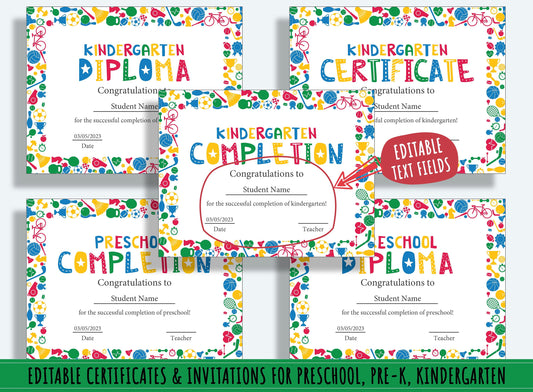 Customizable Sports Diplomas, Certificates, and Invitations for Preschool and Kindergarten Graduations - 37 Pages, PDF File Instant Download