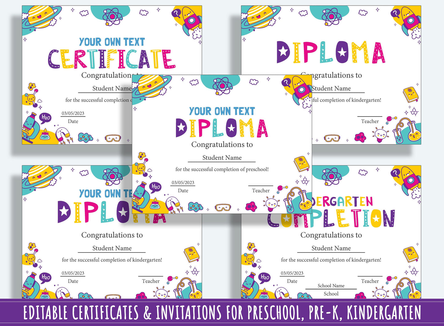 Customizable Science Diplomas, Certificates, and Invitations for Preschool and Kindergarten Graduations, 37 Pages, PDF File Instant Download