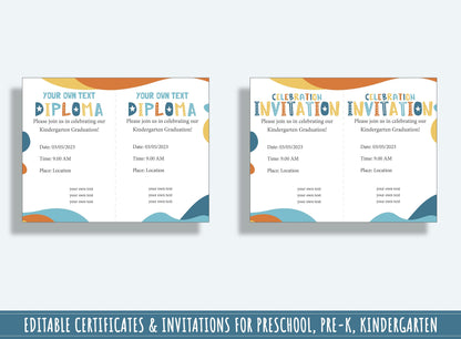 Customizable Modern Diplomas, Certificates, and Invitations for Preschool and Kindergarten Graduations, 37 Pages, PDF File Instant Download