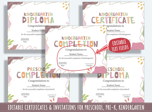 37 Pages of Customizable Diploma, Certificate, and Invitation Templates for Preschool & Kindergarten Graduation, PDF File, Instant Download