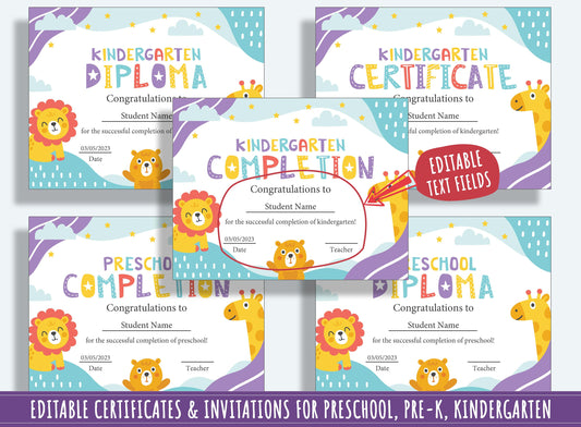 37 Pages of Editable Diploma, Certificate, and Invitation Templates for Preschool and Kindergarten, Featuring Animal Theme, Instant Download