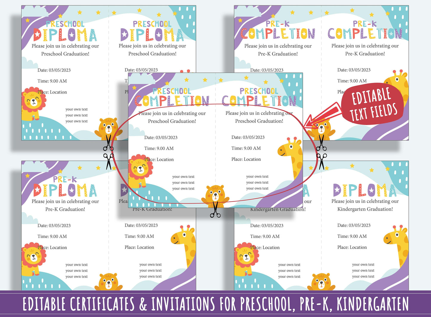 37 Pages of Editable Diploma, Certificate, and Invitation Templates for Preschool and Kindergarten, Featuring Animal Theme, Instant Download
