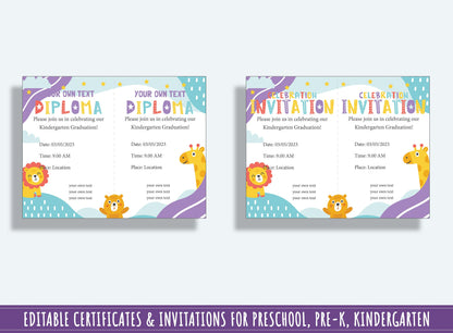 37 Pages of Editable Diploma, Certificate, and Invitation Templates for Preschool and Kindergarten, Featuring Animal Theme, Instant Download