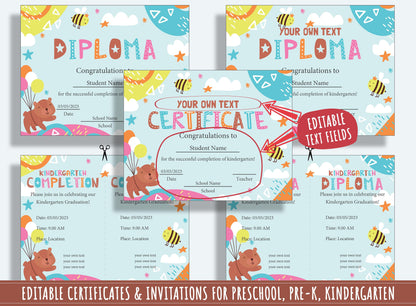 37 Pages of Editable Diploma, Certificate, and Invitation Templates for Preschool and Kindergarten, PDF File, Instant Download