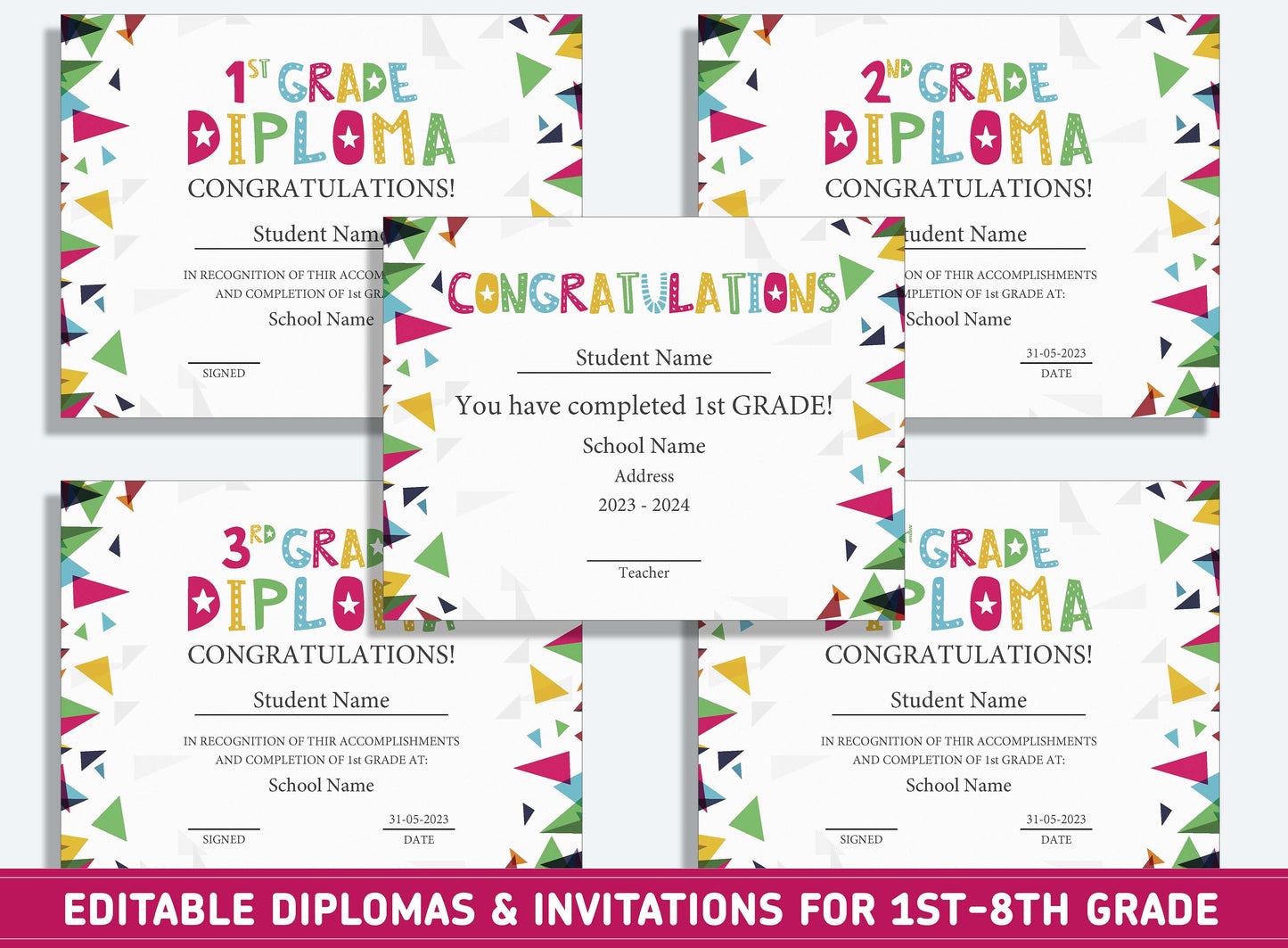 Editable 5th Grade Diploma, 1st to 8th Grade Diploma, Certificate of Completion & Invitation, PDF File, Instant Download