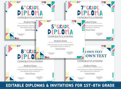 Editable 2nd Grade Diploma, 1st to 8th Grade Diploma, Certificate of Completion & Invitation, PDF File, Instant Download