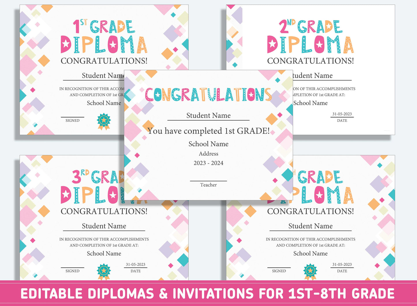Editable 4th Grade Diploma, 1st to 8th Grade Diploma, Certificate of Completion & Invitation, PDF File, Instant Download