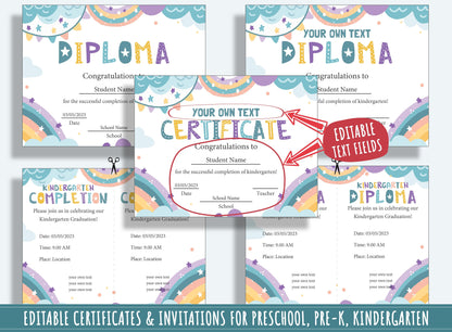 Colors of Success: 37 Pages of Rainbow-themed Diplomas, Certificates, and Invitations for PreK and K, PDF File, Instant Download