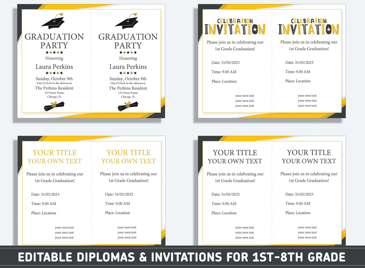 Editable Seventh Grade Diploma, 1st to 8th Grade Diploma, Certificate of Completion & Invitation, PDF File, Instant Download