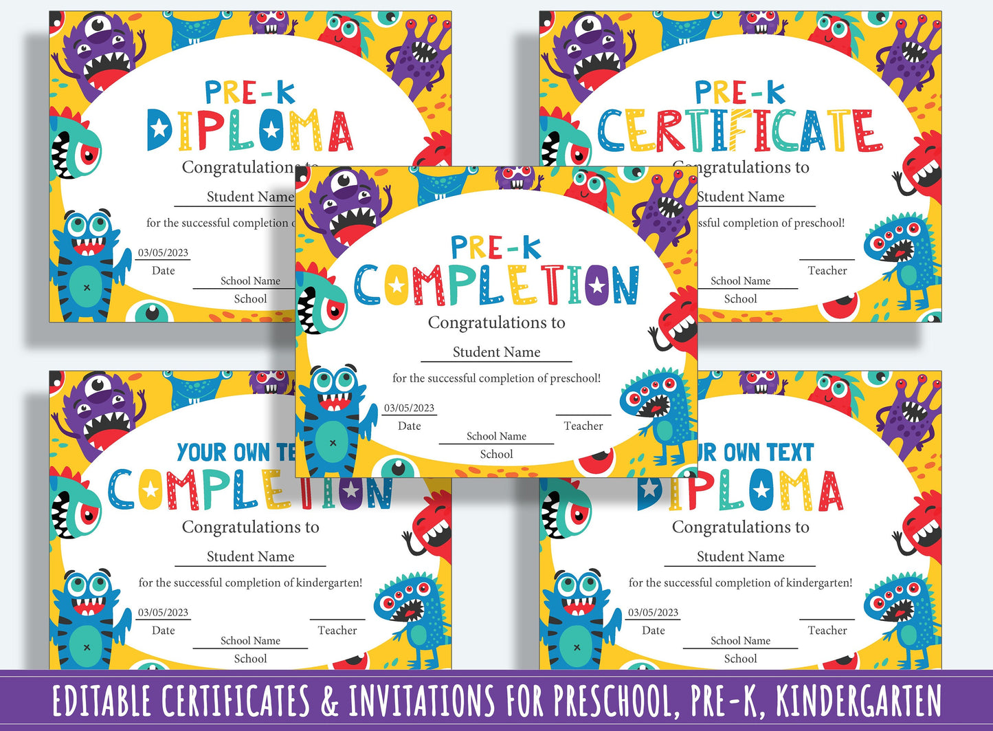 Monstrously Fun Achievements: 37 Pages of Funny Monster-themed Diplomas, Certificates, and Invitations for PreK and K, Instant Download