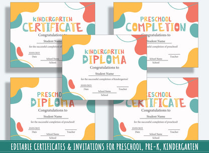 37 Pages of Abstract-themed Diplomas, Certificates, and Invitations for Preschool and Kindergarten, PDF File, Instant Download