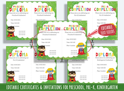 37 Pages of Superhero-themed Diplomas, Certificates, and Invitations for Preschool and Kindergarten, PDF File, Instant Download