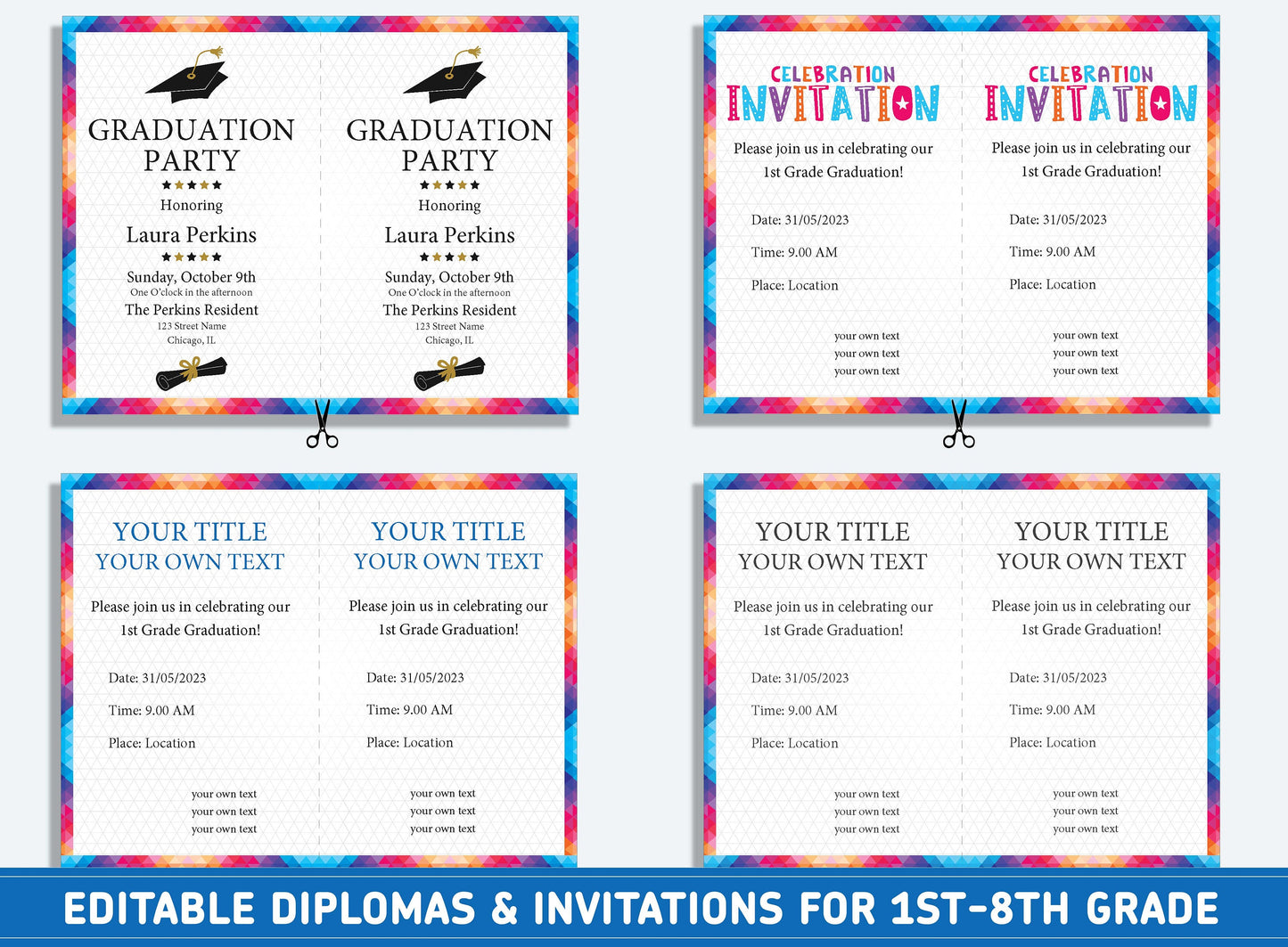 Editable Sixth Grade Diploma, 1st to 8th Grade Diploma, Certificate of Completion & Invitation, PDF File, Instant Download