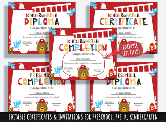 Blazing Achievements: 37 Editable Pages of Firetruck-themed Diplomas, Certificates, and Invitations for Preschool and Kindergarten, PDF File