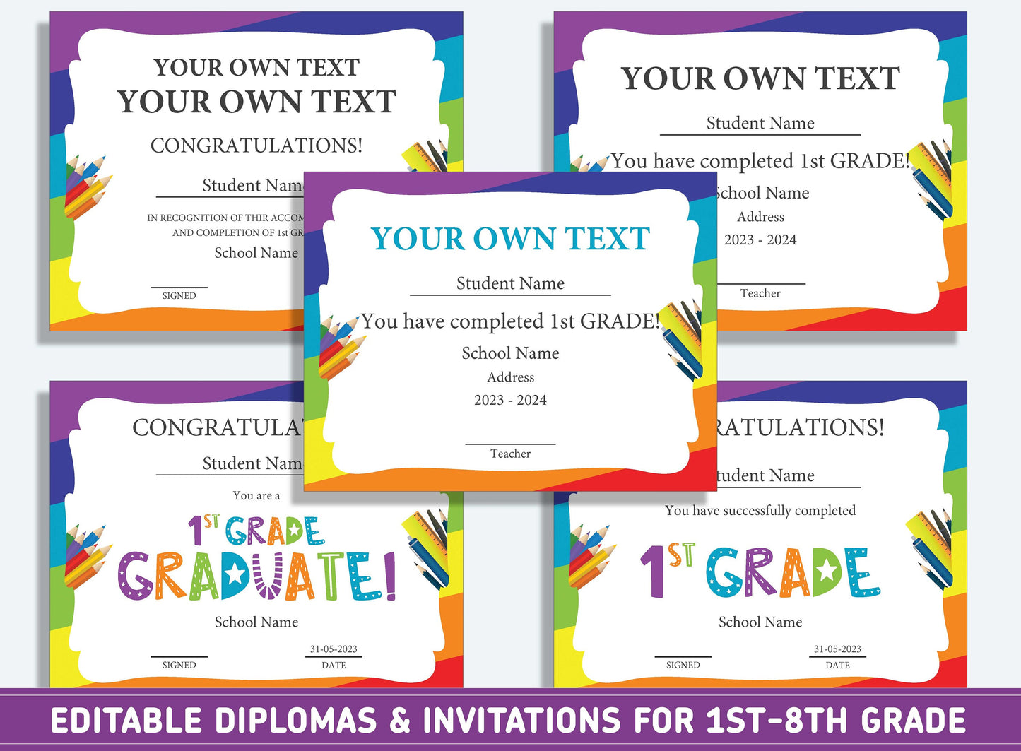 Editable Second Grade Diploma, 1st to 8th Grade Diploma, Certificate of Completion & Invitation, PDF File, Instant Download