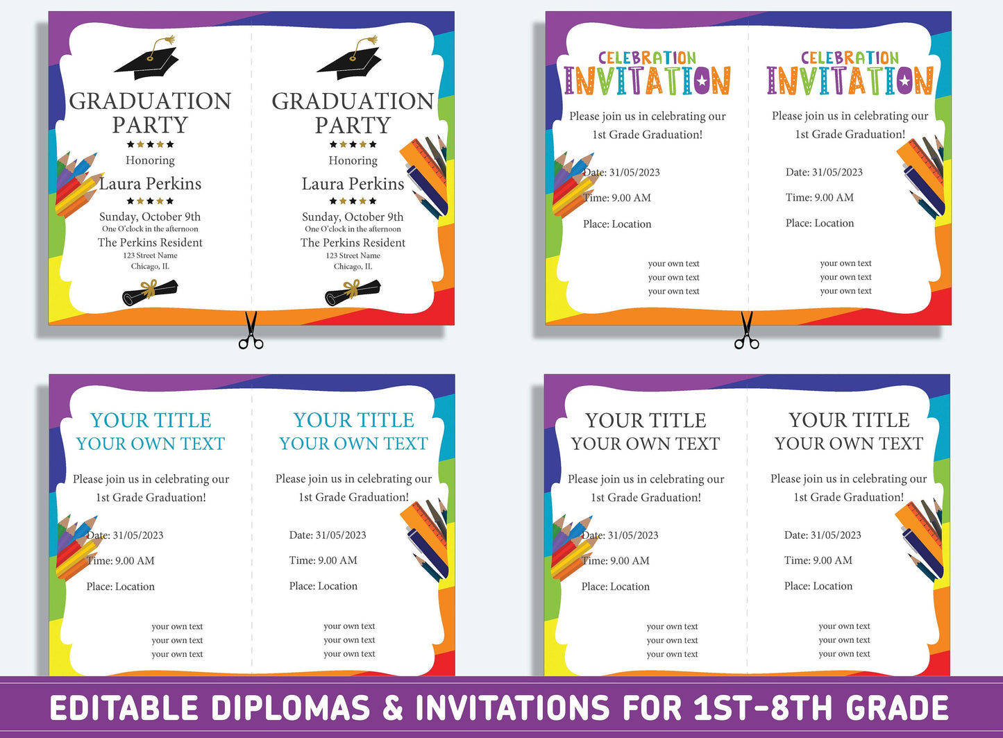 Editable Second Grade Diploma, 1st to 8th Grade Diploma, Certificate of Completion & Invitation, PDF File, Instant Download