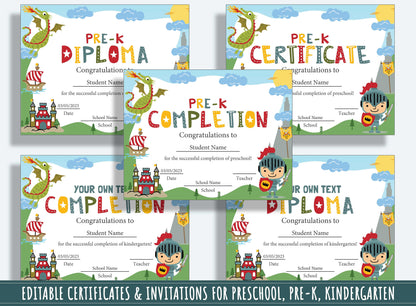 37 Editable Pages of Knight and Dragon-themed Diplomas, Certificates, & Invitations for Preschool, Kindergarten, PDF File, Instant Download