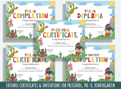 37 Editable Pages of Knight and Dragon-themed Diplomas, Certificates, & Invitations for Preschool, Kindergarten, PDF File, Instant Download