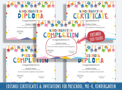 Colorful Creations: 37 Editable Pages of Painted Children Hands-themed Diplomas, Certificates, and Invitations for Preschool & Kindergarten